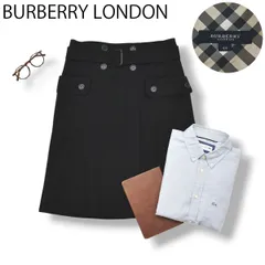 【アンゴラウール】バーバリー ロンドン ベルト付き 膝丈 スカート 44 黒♪