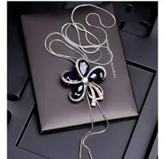 超人気　レディース　ネックレス　ペンダント　ロング　クローバー ブルー