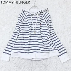 トミーヒルフィガー　パーカー　プルオーバー　ボーダー柄　ラグランスリーブ　ブランドロゴ　フード付き　カジュアル　シンプル　ネイビー系ホワイト　Lサイズ