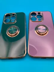 iPhone14 Pro ケース 2点セット リング付き グリーン×ピンク ゴールドフレーム スマホケース
