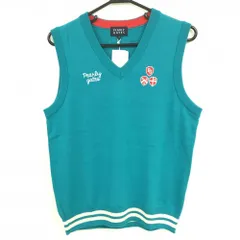 【新品】パーリーゲイツ ニットベスト ブルーグリーン 裾ライン ウール100％ Vネック レディース 2(L) ゴルフウェア PEARLY GATES