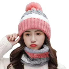 [DeerLuxe] ニット帽 ネックウォーマー セット レディース ボンボン付き 冬 防寒 ケーブル編み 裏ボア 暖かい スキー スノボ 通学 (A.ピンク) [A.ピンク] [Free Size]