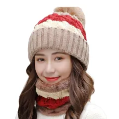 [DeerLuxe] ニット帽 ネックウォーマー セット レディース ボンボン付き 冬 防寒 ケーブル編み 裏ボア 暖かい スキー スノボ 通学 (JP, アルファベット, Free Size, F.ベージュ) [F.ベージュ] [Free Size]
