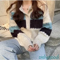 カーディガン レディース ニットカーディガン 丸襟 ニット 春 秋 冬 厚手 秋冬 ショート丈 配色 袖ボリューム おしゃれ ファッション 通勤 