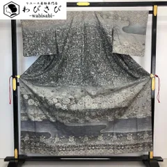 本場大島紬 染大島 付下げ 美しいモダンな花柄模様 金彩 石墨色 K-4241