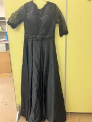 レース切替 ロングドレス レディース ブラック 五分袖 ウエストリボン Aライン フォーマルワンピース 結婚式 パーティー 冠婚葬祭 ko1