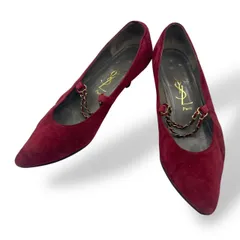 良品　Yves Saint Laurent イヴサンローラン　ハイヒール　パンプス　ダブルチェーン　スエード　ボルドー　赤系　22.5cm