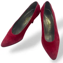 良品　Yves Saint Laurent ハイヒール　パンプス　スエード　デザイン刺繍　レザー　ヴィンテージ　ボルドー　赤系　22.5cm