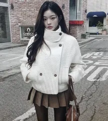 (海外配送)白/ブラック ハイネック ショート コート