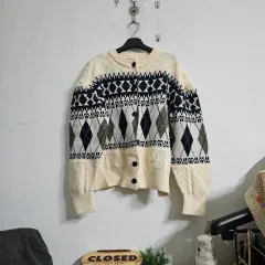 アイボリー アーガイル ニット カーディガン