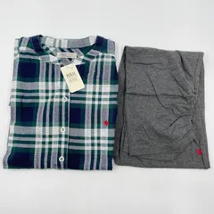 OG41 タグ付き POLO HOME セットアップ 半袖チュニック&七分丈ギャザーパンツ グリーン チェック グレー レディース Lサイズ