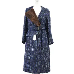 【美品】DRIES VAN NOTEN ドリスヴァンノッテン ベルテッドロングコート ツイード ラビットファー アシンメトリー カラー ウール100％ アウター レディース サイズ S ブルー系 青 スロベニア製のサムネイル