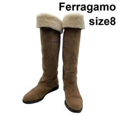 ● フェラガモ Ferragamo ムートンブーツ ロングブーツ ボア 2WAY フラット ラウンドトゥ ブラウン スエード 8 25cm レディース 5E406