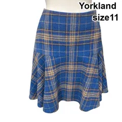 ■ ヨークランド Yorkland ミニスカート ティアード フレア チェック柄 ブルー ウール 11号 M～L レディース H5Z119のサムネイル