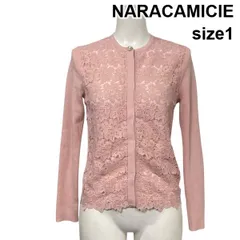 ◇ ナラカミーチェ NARACAMICIE レースカーディガン クルーネック 刺繍 花柄 ビジュー ライトピンク コットン混 1 S 7号 レディース S5Y604