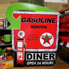 ダイカット エンボス メタル サイン TEXACO GASOLINE SERVICE インテリア DINER テキサコ ブリキ看板