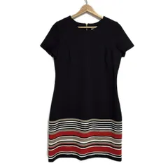 CalvinKlein(カルバンクライン) ワンピース サイズ8 M レディース美品  - 黒×レッド×マルチ クルーネック/半袖/ひざ丈/一部ボーダー