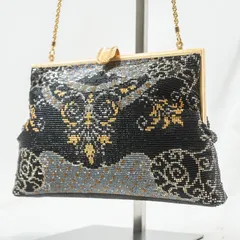 総ビーズ バッグ がま口 ハンドバッグ ショルダーバッグ ビジュー 黒 ブラック ゴールド ヴィンテージ レトロ パーティー フォーマル