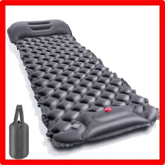 ★送料無料★Color:?グレー エアーマット キャンプ マット【25秒膨らむ･10CM厚さ】足踏み式 無限連結可能 R値4.0 車中泊 防災 厚手 枕付き 超軽量 コンパクト 防水 寝袋 持ち運び便利 災害 お花見 登山 テント用 キャンプ用品 簡単収納 収