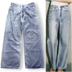 【白き雷鳴】 美品 ZARA ミッドライズ フォイル デニムパンツ 大きいサイズ42 XL バギー ワイドパンツ 箔プリント コーティング ザラ ストリート モード Y2K グランジ 極太 ルーズ