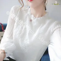 【送料無料】ブラウス 白 レディース レース 長袖ブラウス スタンドカラー 刺繍 フリルブラウス チュニック 大人 Yシャツ パフスリーブ 春 夏 春夏 スー CZH1224P1163