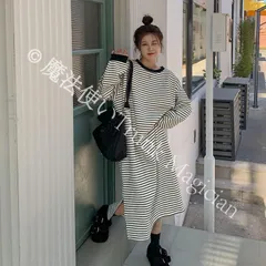 【新品未使用】ワンピース 裏起毛 レディース秋冬 ボーダー柄 ロングワンピース ミモレ丈 サイドスリット 長袖ワンピース 裏フリースワンピース 冬インナー 丸首 プルオーバー CZH1224P459