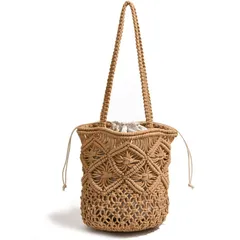 [ハルジオ] かごバッグ 大人 上品 お洒落 レディース マクラメ トートバッグ 編みバッグ おしゃれ 可愛い マクラメバッグ トート ホワイト ベージュ ショルダー 夏 浴衣 和装 バッグ 肩掛け ショルダーバッグ カゴバッグ かごバック 夏用 [ベージュ]