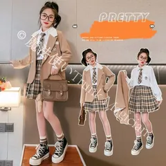 【新品未使用】入学式 3点セット スーツ 女の子 卒園式 スーツ セットアップ 春秋 卒業式 フォーマルスーツ チェック柄スカート 入学式 子供 結婚式 長袖 ブラウス リボン 上下セット 小学生 卒園式 七五三 CZH1224P661