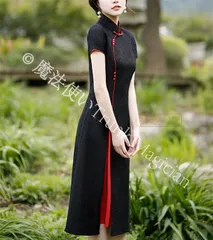 【新品未使用】アオザイ チャイナドレス 半袖 エレガント 上品 レース 中華風 Aラインワンピース 黒 4XL 大きいサイズ パーティードレス CZH1224P1026