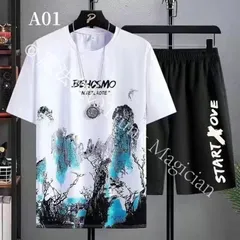 【新品未使用】メンズ セットアップ 半袖Tシャツ ハーフパンツ 2点セット クルーネック tシャツ ショートパンツ 短パン ジャージ 上下セット 無地 シンプル　大きいサイズ カジュアル スポーツウェア 夏服 ルー CZH1224P1543