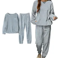 肌に優しい ゆったり 厚手 ファッション トップス 裏起毛 防寒 刺繍ロゴ 肌触り ウエストゴム ふわふわな 部屋着 暖かい パジャマ 保温 セットアップ クルーネック 秋冬 長袖 上下セット レディース ルームウエア 2点セット [xppe]