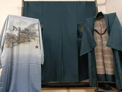 平和屋着物●男性　紬　アンサンブル　長襦袢(袷)セット　色無地　高麗納戸色　正絹　逸品　AABF0008ph