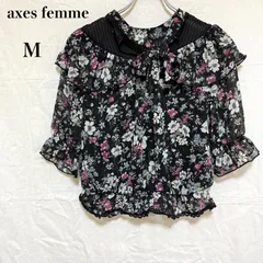 【M】 axes femme アクシーズファム シャツ ブラウス リボン 花柄 シフォン　レース フリル 黒 ピンク