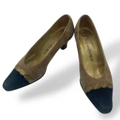 良品　Yves Saint Laurent イヴサンローラン　パンプス　ハイヒール　プレーントゥ　スエード　刺繍　ヴィンテージ　ベージュ　黒　ブラック　22.5cm