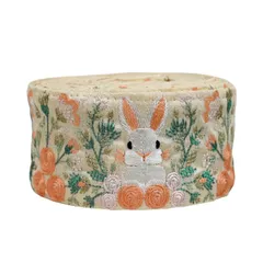 インド刺繍リボン50cm切り売り 花園の白うさぎ イエロー地 6.7cm幅 HC ラビット バニー 兎 R-0829