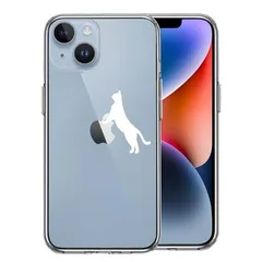 iPhone14 ケース クリア ねこ 猫 リンゴで伸び ホワイト スマホケース 側面ソフト 背面ハード ハイブリッド 