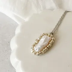 144. 淡水パール シルバーロングネックレス  サージカルステンレス(金属アレ対応)