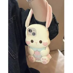立体耳付き 白うさぎ iPhoneケース ハンドストラップ付き 可愛い 各種対応