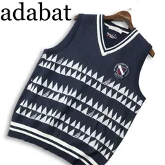 adabat アダバット ゴルフ 通年 ロゴ★ 幾何学 ボーダー Vネック コットン ニット ベスト Sz.48 メンズ ネイビー 日本製
