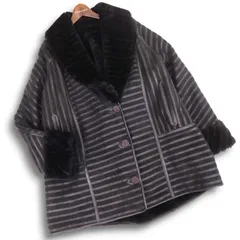 レディースブランド 秋冬 2WAY リバーシブル♪ 毛皮 ボア ファー ボーダー ショールカラー コート Sz.M　レディース 黒