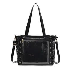 [ハルジオ] 痛バッグ トート レースアップ レザー調 痛バ ショルダー 推し活バッグ トートバッグ ショルダーバッグ ハンドバッグ 2WAY 痛バック 可愛い 高級 いたばっく いたば 推し活 グッズ ぬいぐるみ 鞄 リボン 黒 白 ピンク 水 [ブラック]