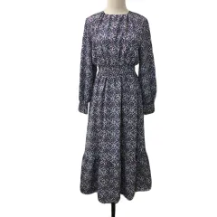 N.Natural Beauty Basic N.ナチュラルビューティーベーシック ワンピース フレア ロング プルオーバー 花柄 総柄 ゴムシャーリング 長袖 M 白 紺 ホワイト ネイビー