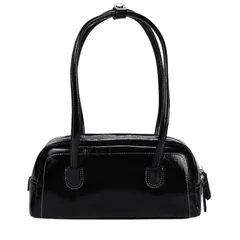 [ハルジオ] ミニボストンバッグ レディース 横長バッグ ミニ ボストン トート バック トートバッグ ハンドバッグ 小さめ 横長 肩掛け 横長ボストン 幅広 トレンド レザー調 かばん 鞄 おしゃれ かわいい シンプル 無地 人気 (ブラック) [ブラック]