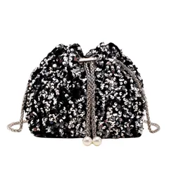 [ハルジオ] スパンコールバッグ パーティーバック レディース ショルダー ブラック シルバー ポシェット 巾着 チェーン 小さめ おしゃれ かわいい 結婚式 ドレス キラキラバッグ 肩掛け 斜めがけ バック (シルバー) [シルバー]