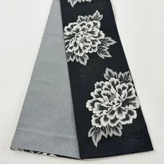【美品】半幅帯 優品 牡丹 桜 墨色 化繊 【中古】
