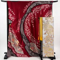 振袖 身丈168cm 裄丈67cm M 袷 袋帯フルセット 几帳 草花 刺繍 絞り 赤 正絹 名品 【中古】