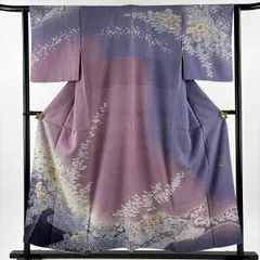 訪問着 身丈154.5cm 裄丈62.5cm S 袷 吉乃一廉 落款 辻ヶ花 霞 銀通し 金彩 紫 正絹 逸品 【中古】