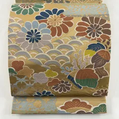 【美品】 袋帯 逸品 白綾苑大庭 落款 菊 青海波 箔 薄茶色 六通 正絹 【中古】
