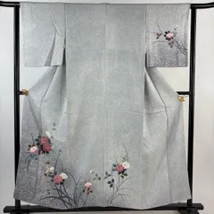 付下げ 身丈155cm 裄丈63cm S 袷 牡丹 鳥 ぼかし 灰色 正絹 優品 【中古】