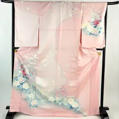 【美品】 訪問着 身丈172.5cm 裄丈64cm M 袷 花車 牡丹 刺繍 ぼかし 薄ピンク 正絹 優品 【中古】